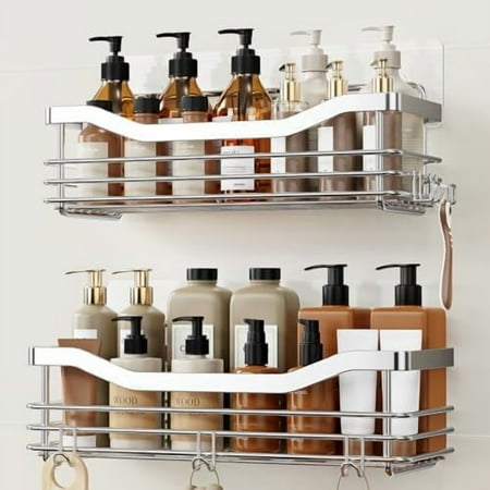 Shower Caddy Basket Shelf with 5 Hooks Adhesive Organizer Storage Rack Rustproof Wall Mounted Stainless Steel No Drilling for Bathroom Toilet Kitchen – 2 Pack Shower Caddy Basket Shelf with 5 Hooks Adhesive Organizer Storage Rack Rustproof Wall Mounted Stainless Steel No Drilling for Bathroom Toilet Kitchen – 2 Pack