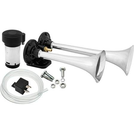 Vixen Horns Loud 129dB 2/Dual Trumpet Train Air Horn with One Compressor Full Complete System/Kit Chrome 12V