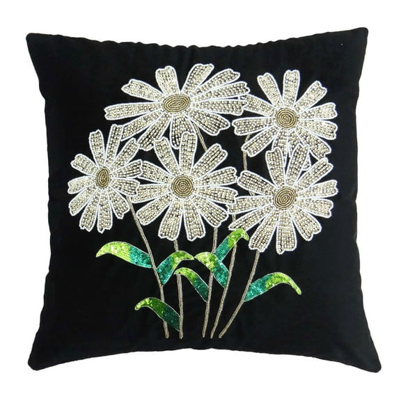 S4Sassy Decorative Pillow Case Hand Beaded Floral Cushion Cover Square Throw Gift 16 x 16