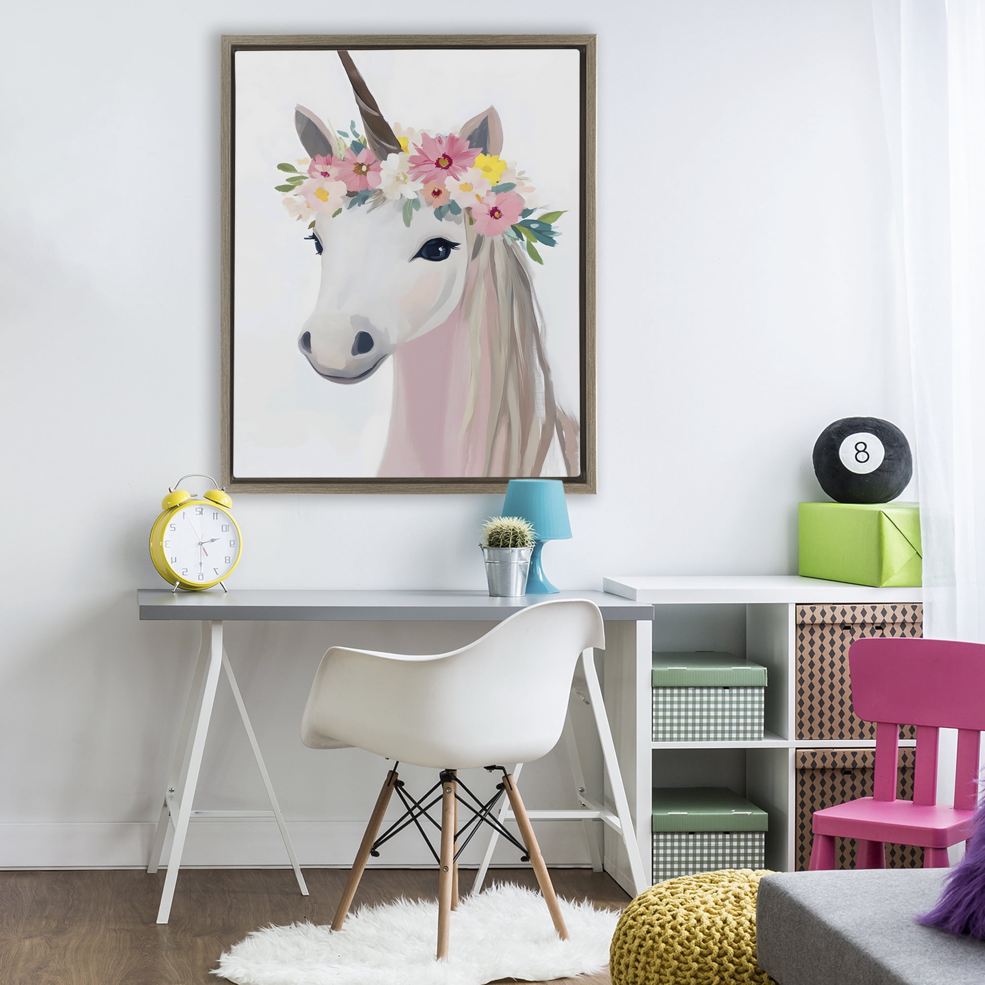 Stupell Industries Flower Crown Unicorn Brown Framed Floater Canvas Wall Art, design by The Prints Vibe