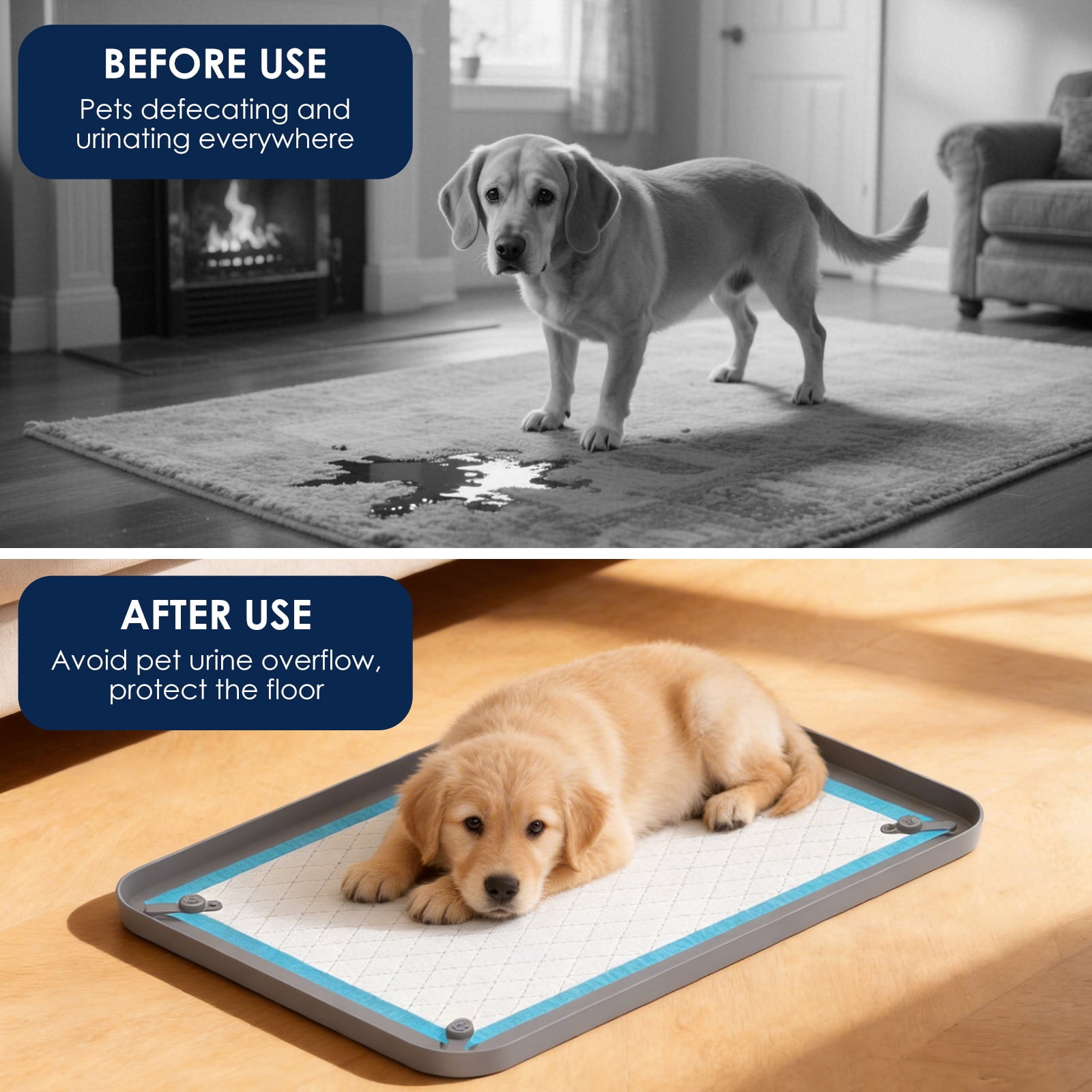 Pee Pad Tray Holder for Dogs - Fits Up to 24.41x16.54in. Square Potty Training Pads No Spill Raised Lip High Edge Silicone Mat, Extra Thick and Non-Slip for Indoor Floor Protection (S, Grey)
