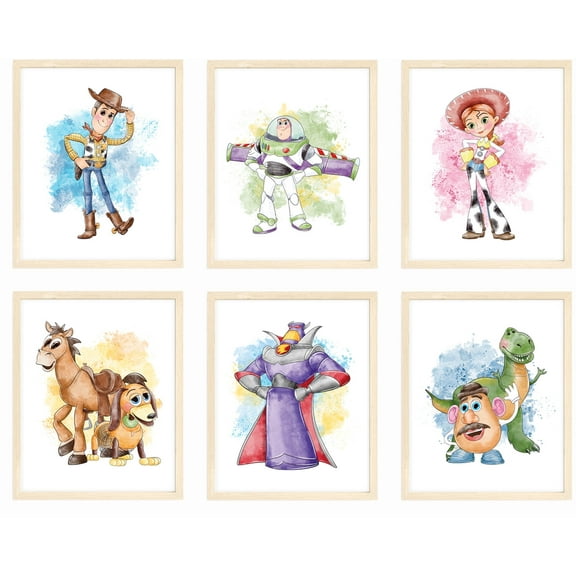 Nistio® Toy Story Watercolor Prints, Toy Story Wall Art Decor, Toy Story Poster, Woody Sheriff, Buzz Lightyear, Mr. Potato Head, Set of 6, 8x10 inches (Unframed)
