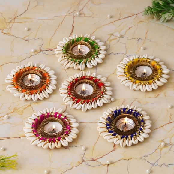 Set Of 6 Multicolor & White Cowrie Shell Decorative Metal Tea Light Holders