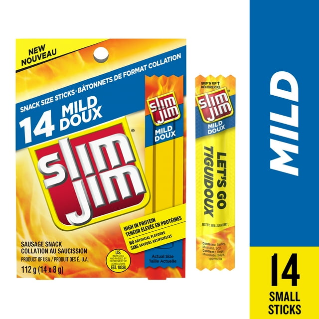 Slim Jim Mild, Sausage Snack Size Meat Stick, High in Protein, No Artificial Flavours, Mini Meat Sticks Multipack