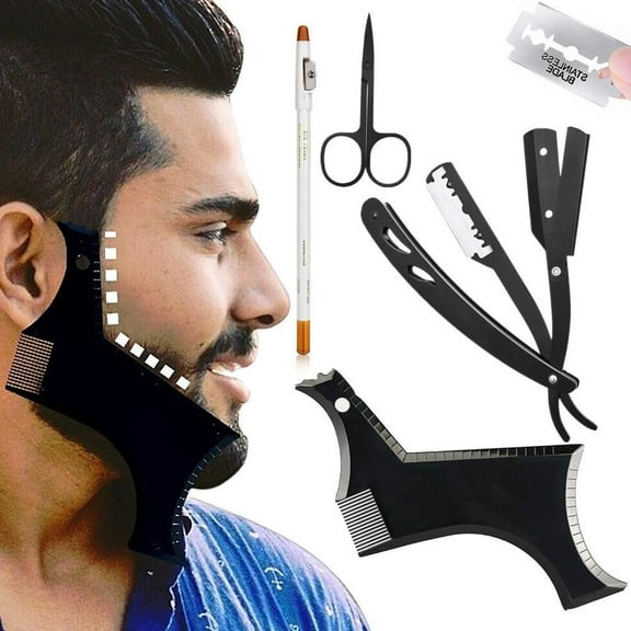 5 Piece Beard Shaping Tool Beard Shaper - include Professional Straight Edge Razor,Beard Template,10 Count of Double Edge Blades,Barber Pencil and Stainless Steel Scissors