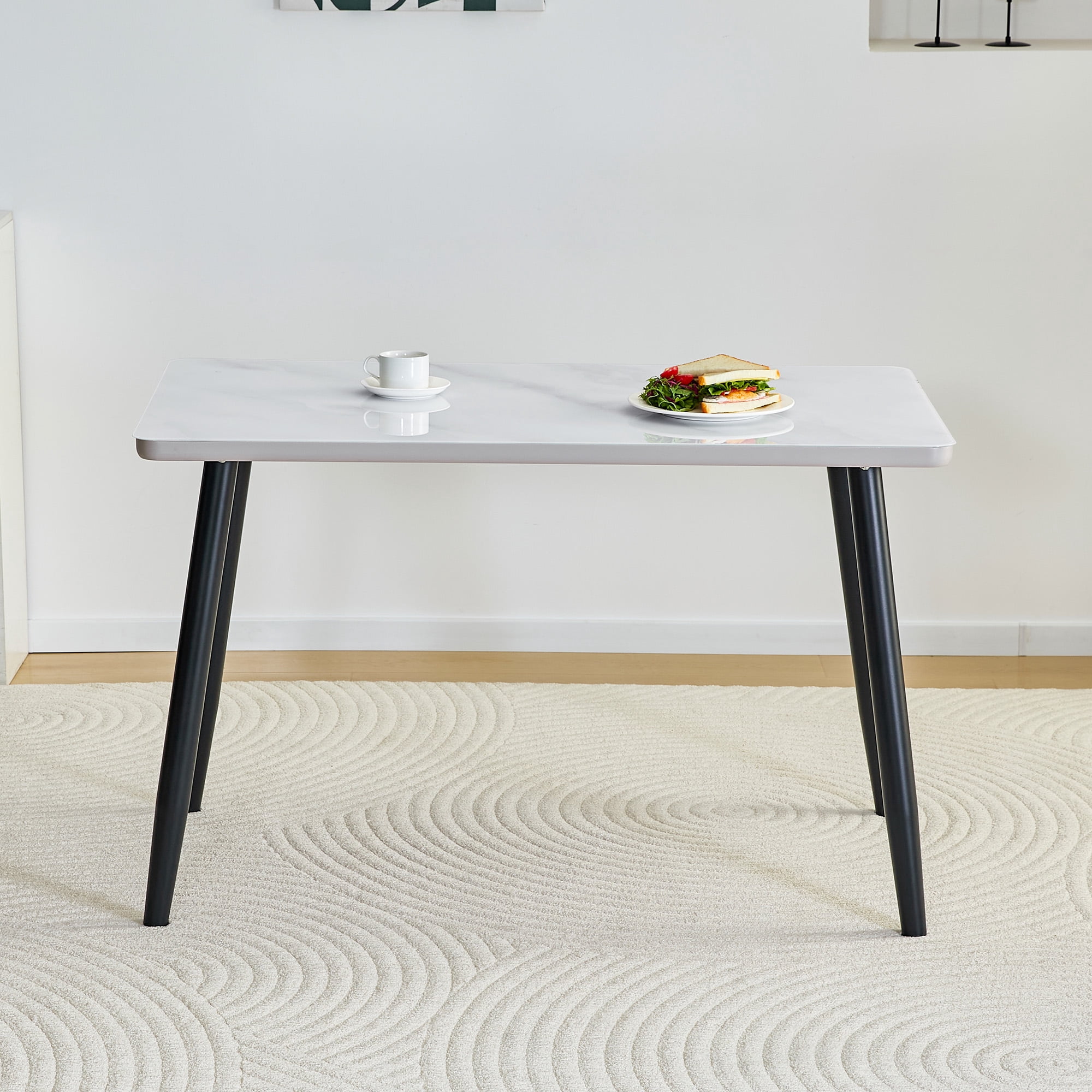 Mintazer 47.3 Inch Modern White Marble Vein Rectangular Dining Table with Tempered Glass Top, Minimalist Kitchen Table for 4-6 People, White & Black