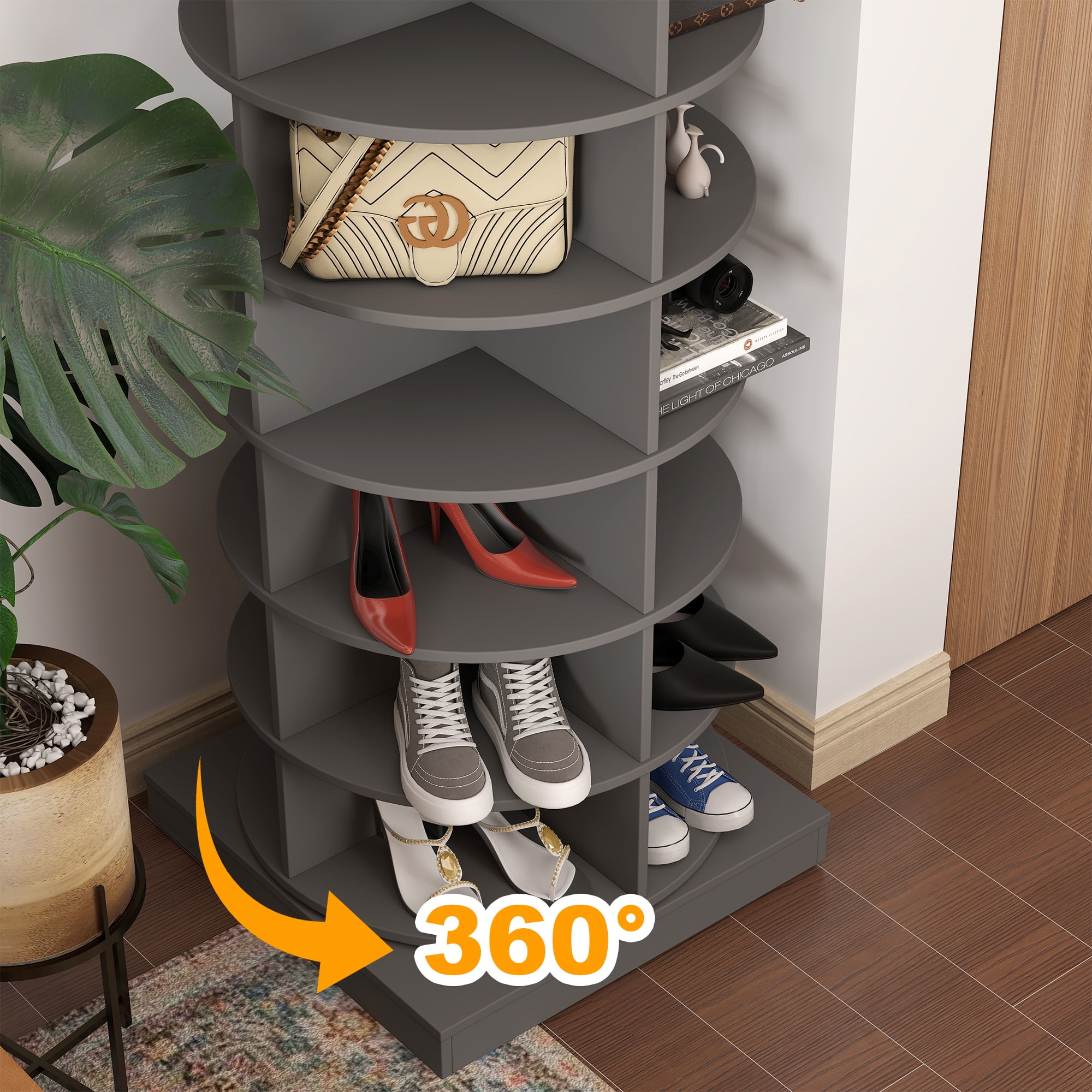 Aukfa 7-Tier Rotating Shoe Rack Tower, 360°Spinning Shoe Display Closet Organizer, Gray