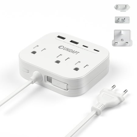UK European Plug Adapter, Unidapt US to Europe Power Strip for EU/UK/US with Built in USB C Cord and 4 USB Ports, 3 AC Outlets, Wall Mountable, 5ft Extension Cord, for Travel Cruise Ship Home