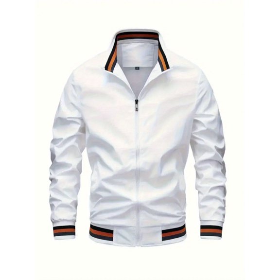 Stripe Edge Bomber Jacket, Men's Casual Stand Collar Zip Up Jacket For Spring Summer Outdoor