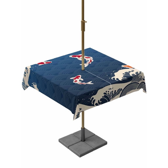 Outdoor Tablecloth with Umbrella Hole and Zipper, Coastal Wave Square Table Cloth 60x60 Inch Waterproof Tablecloth, Japanese Style Ocean Fish Blue Picnic Table Cover for Patio Camping