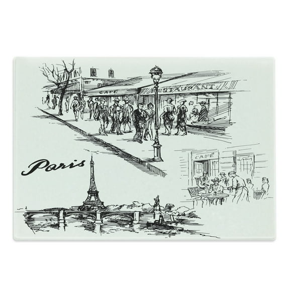 Eiffel Tower Cutting Board, Paris Sketch Style Cafe Restaurant Landmark Canal Boat Lantern Retro Print, Decorative Tempered Glass Cutting and Serving Board, Large Size, Black White, by Ambesonne