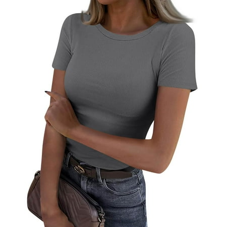 Summer Tops  Women Workout Cotton Short Sleeved V Neck Solid T-Shirt Basic Top Black Corset For Sequin Tops Long Sleeve Crop White Button Down Shirt Going Tops Leggings (L  Gray) ZMTing