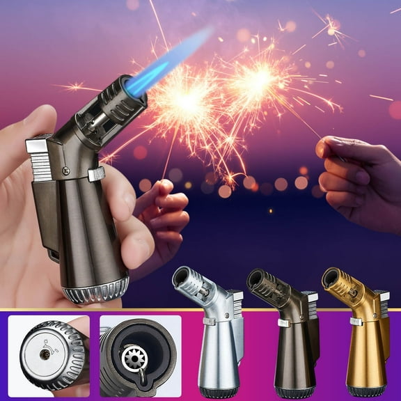 Adjustable Flame Torch Lighter Windproof Refillable Butane Lighter with Continuous Lock Mode - Alloy Construction for BBQ, Kitchen, Candles, Fireplace - Single Pack