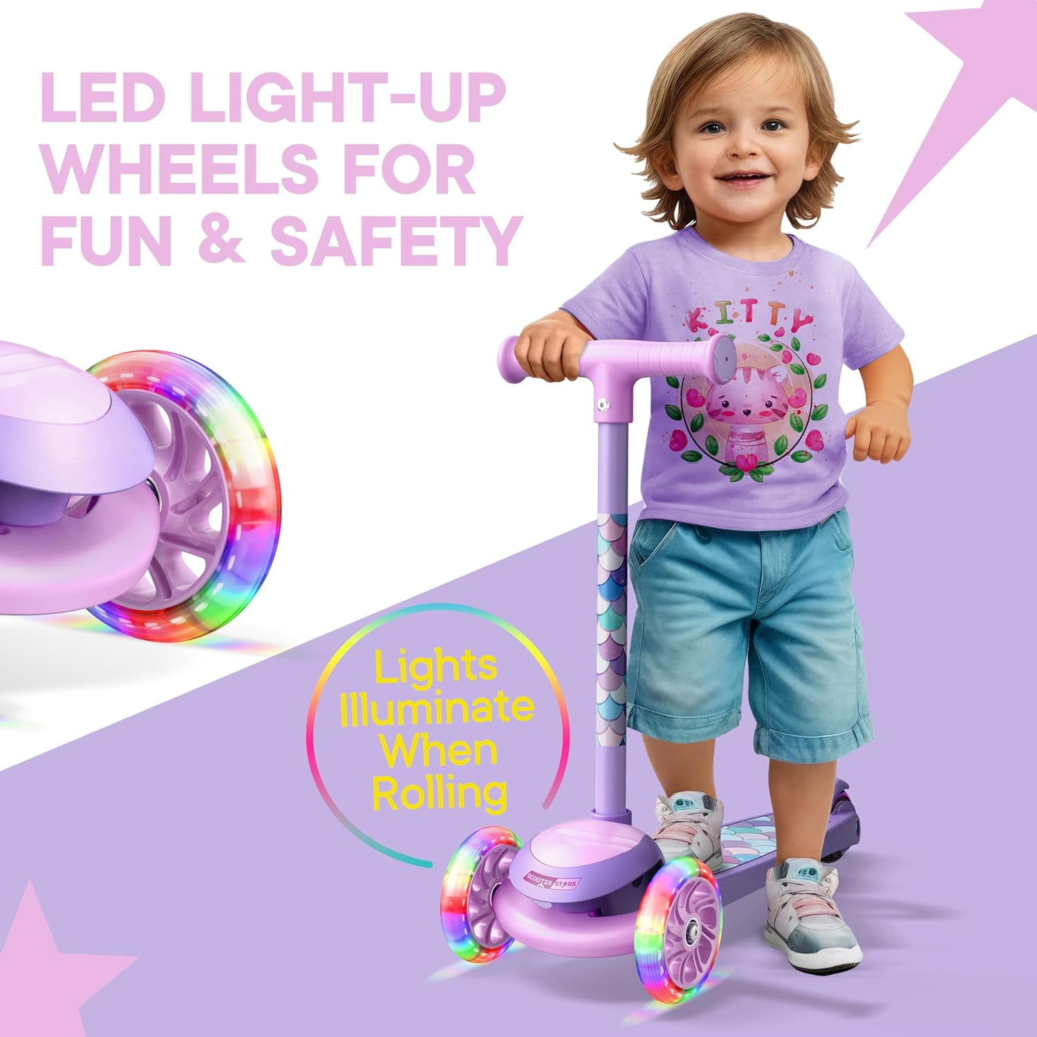 Scooter Stars 3-Wheel Kids Scooter with Light-Up LED Front Wheels, Wide Anti-Slip Deck, Rear Foot Brake, Lean-to-Steer Ride-On Toy
