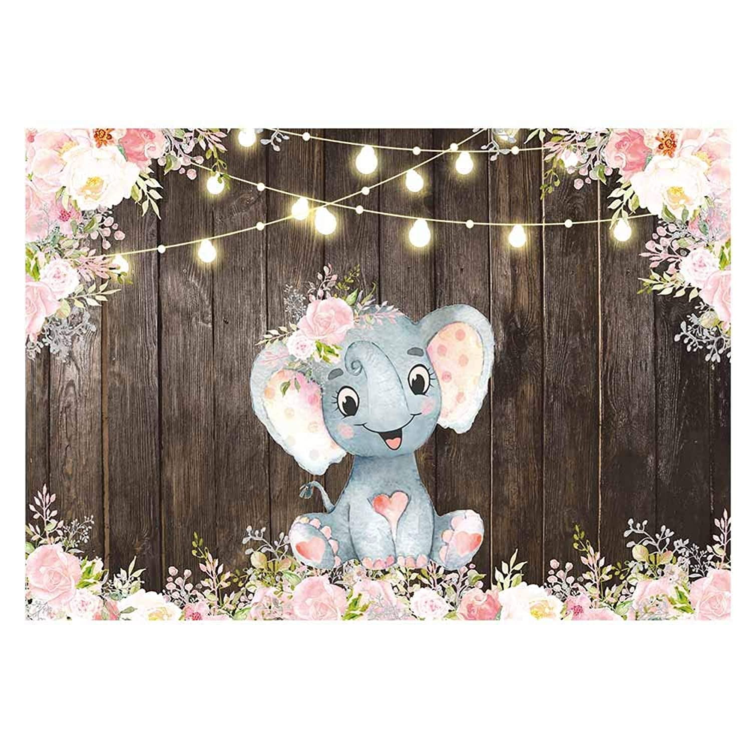 Cute Pink Elephant Backdrops 5x3ft Vinyl Photography Background Wooden Texture Wall with Pink Flowers Baby Shower Girls Baby Birthday Party Decoration Backdrops 