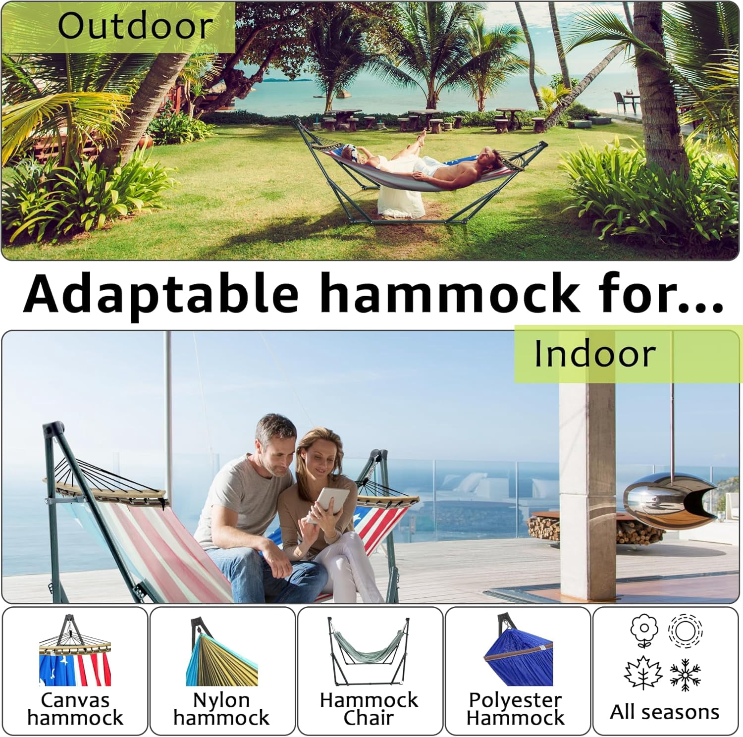 Tranquillo Universal Hammock with Stands Electro Static Coated Steel, Adjustable Foldable Hammock Stand with 2 Layered Polyester Net and Carry Bag for 2 Persons, American Flag
