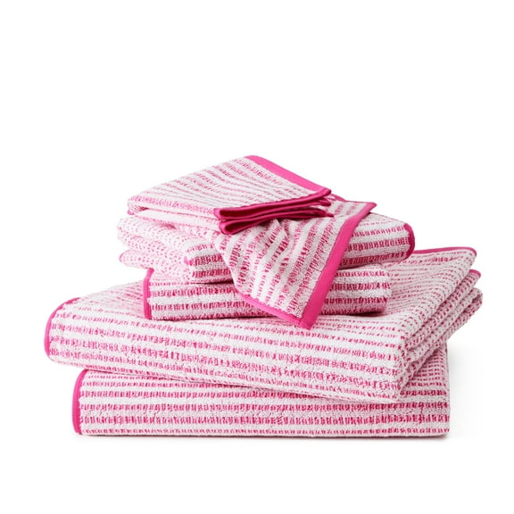TOWN & COUNTRY PLAY 6-Piece Striped Reversible Terry Brights Set, 2-Bath Towels, 2-Hand Towels, 2-Washcloths, 100% BCI Cotton, Plush & Absorbent 550GSM, Flamingo Pink