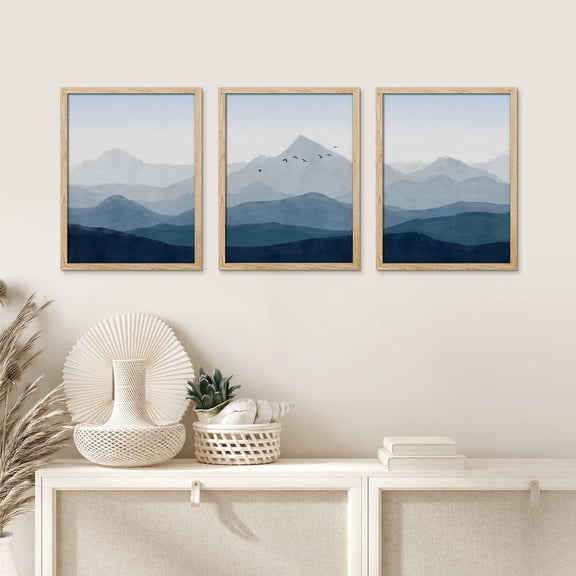 PixonSign Framed Canvas Print Wall Art Set - Blue Mountain Range Bird Sky Art - Set of 3 Nature Wilderness Landscape Art Abstract Modern Print Minimalism Wall Décor - 12"x16"x3 Panels Natural