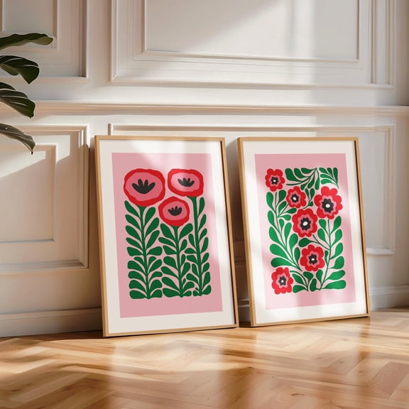 Retro Art Pink & Green Flower Dopamine Decor Set 2 Unframed Paper Print 8x12