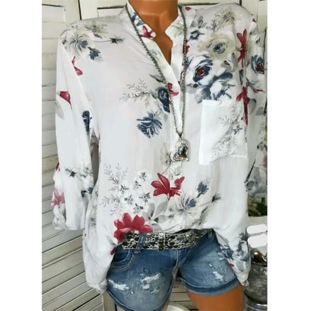 Romantic Chiffon - Printed Women Casual Chiffon Blouse with Pocket