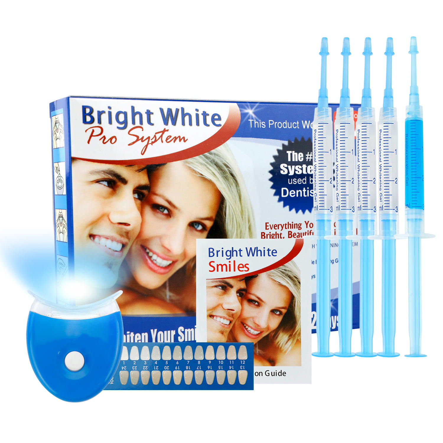 Ezgo Professional Bright White Smile Home Teeth Whitening Kit 22 Carbamide Peroxide With 4 Pieces Syringe Gel 1 Piece Remineralizing Gel 4 Mouth Trays Blue Light And White Led Light Free Shade Guide