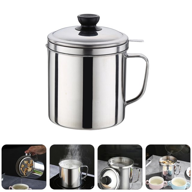 Bacon Grease Container, 1.4l Kitchen Stainless Steel Oil Container Can With Strainer And Anti-Slip Coaster Tray For Store Meat Frying Oil And Cooking Grease Storage