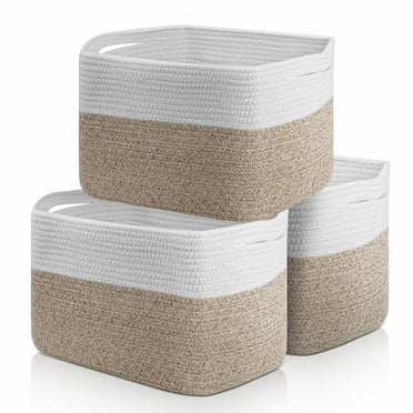 3 Pack Storage Basket, 11”x11”x9” (18L)Rectangle Woven Baskets for Storage, Cotton Rope Basket for toys, Towel Baskets, Closet Organizer Bins Shelves Organizer, Decorative Basket(Brown&White)