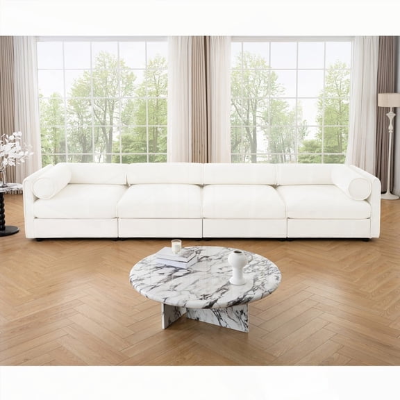 White 4 Seat L-Shaped Modular Sectional Sofa - With Storage, Cylindrical Backrest & Armrests, Offering Luxurious Chenille & Ergonomic Support