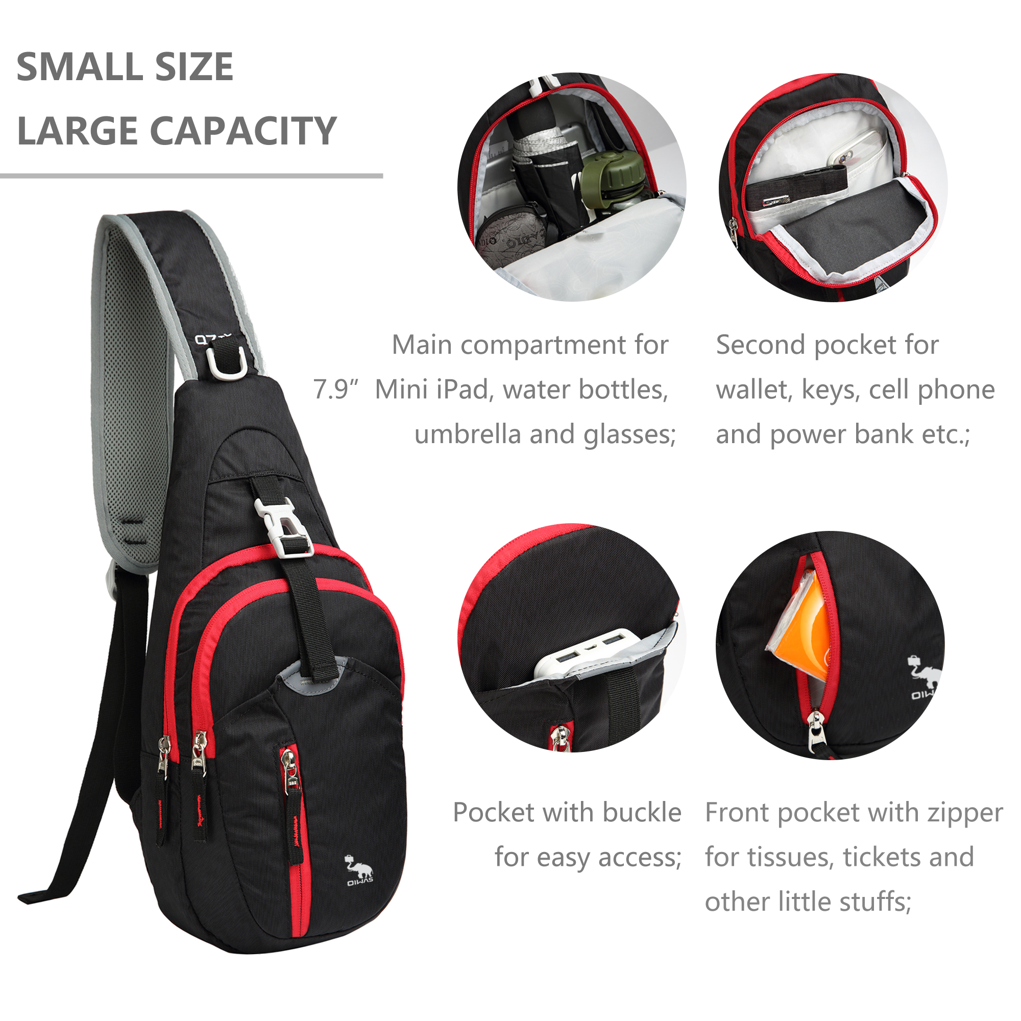 OIWAS Travel Sling Backpack, Black and Red, Unisex, Adult - Walmart.com