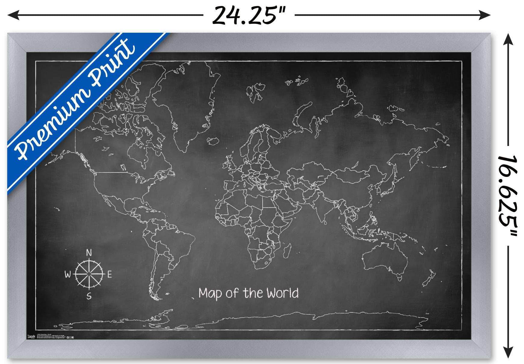 Chalk Map - World Wall Poster, 14.725" x 22.375", Framed