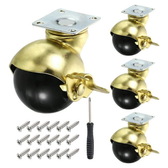 2 Inch Ball Caster Wheels, Swivel Furniture Casters with Brake/ Plate Mount/Screw/Screwdriver, Gold 4 Pcs