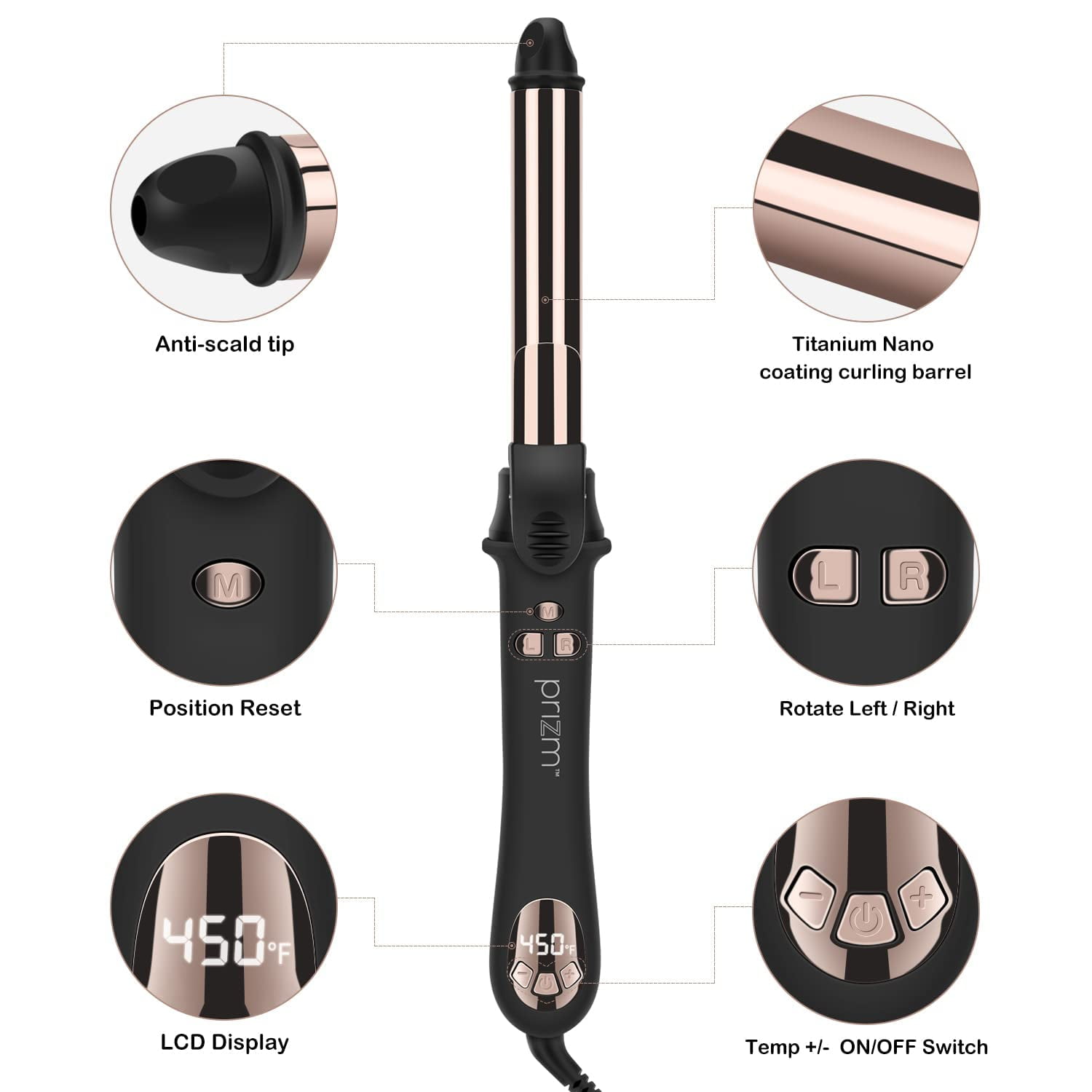 Prizm Curling Iron, Automatic Rotating 1 inch Hair Curler, Dual Voltage, 11 Adjustable Temperatures for Hair Styling, Durable Titanium Alloy for Smooth, Frizz-Free Curls