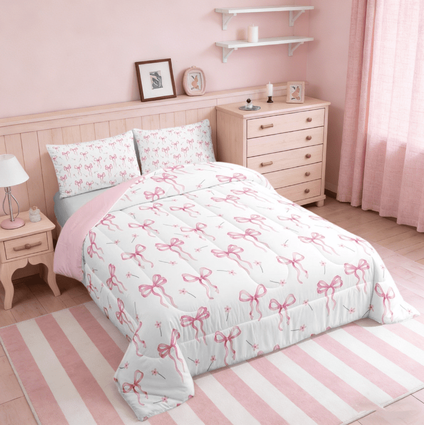 jejeloiu Kawaii Bow Queen Comforter Set,Girls Bow Knot Bedding Sets,Pink White Flower Bedding Comforter Set For Child,Breathable Bedroom Decorative Reversible,3-Piece