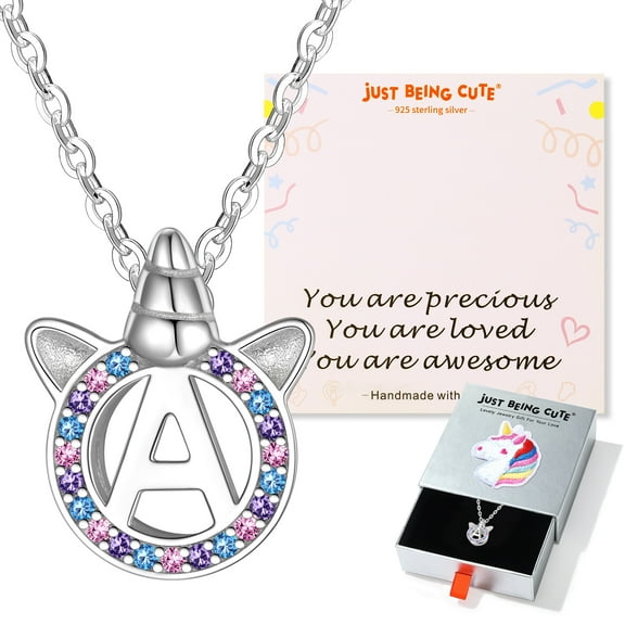 Just Being Cute Unicorn Necklaces for Women, 925 Real Sterling Silver Initial A Pendant Jewelry Gifts