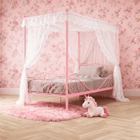 Yoneston Twin Size Girl's Metal Canopy Bed Frame with Decorative Scroll Headboard & Footboard, Four Poster Princess Bed for Bedroom, Pink