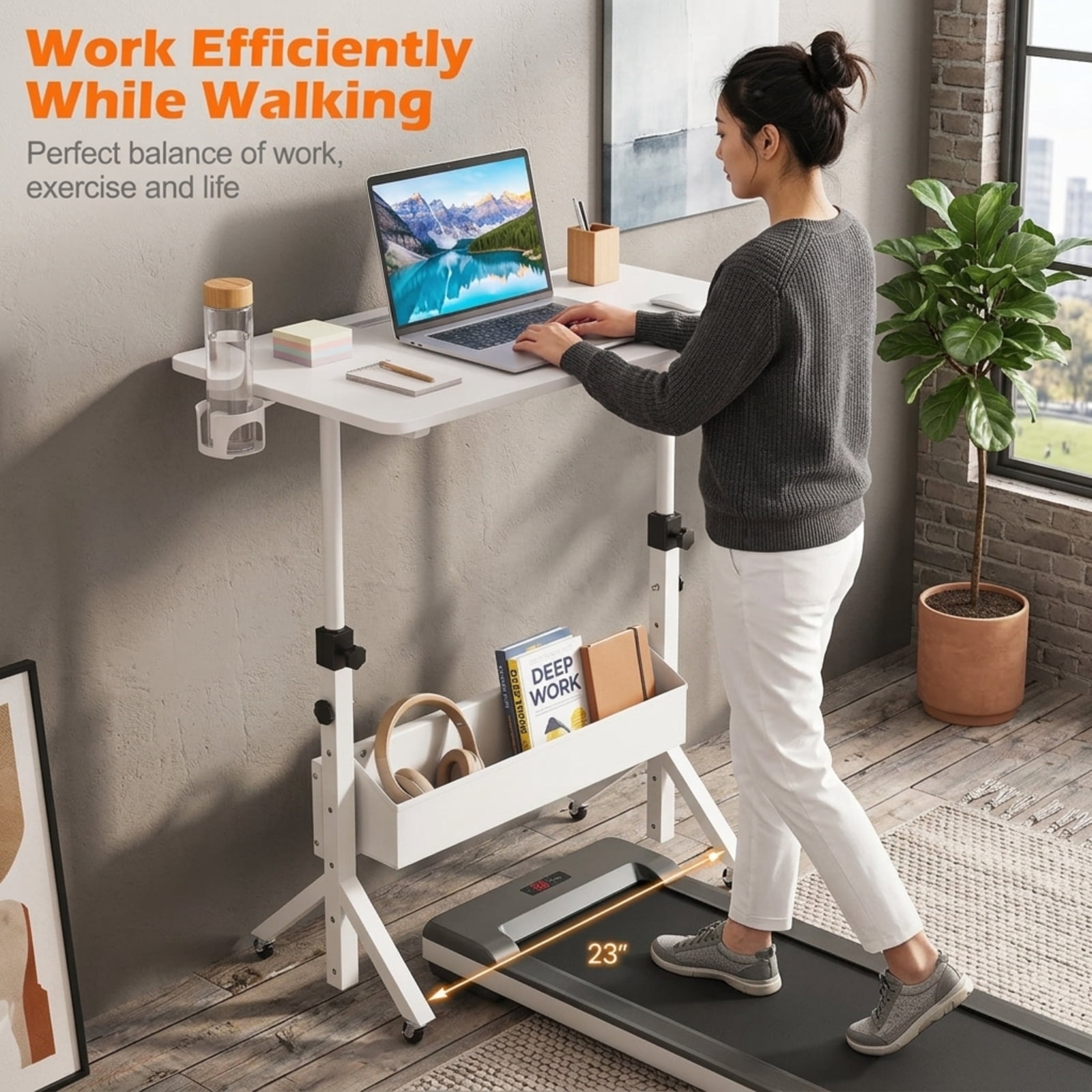 Furnibear Mobile Standing Desk and Height Adjustable Rolling Laptop Desk with Cup Holder Storage Basket and Locking Casters for Small Spaces, White
