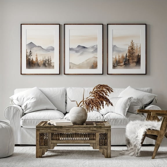 Set of 3 Abstract Modern Wall Art Prints, Neutral Mountain Landscape Canvas Paintings, Art Deco Classic Style Leaf Pattern, Seasons Themed for Living Room Bedroom Dining Decor, Frameless Portrait Or