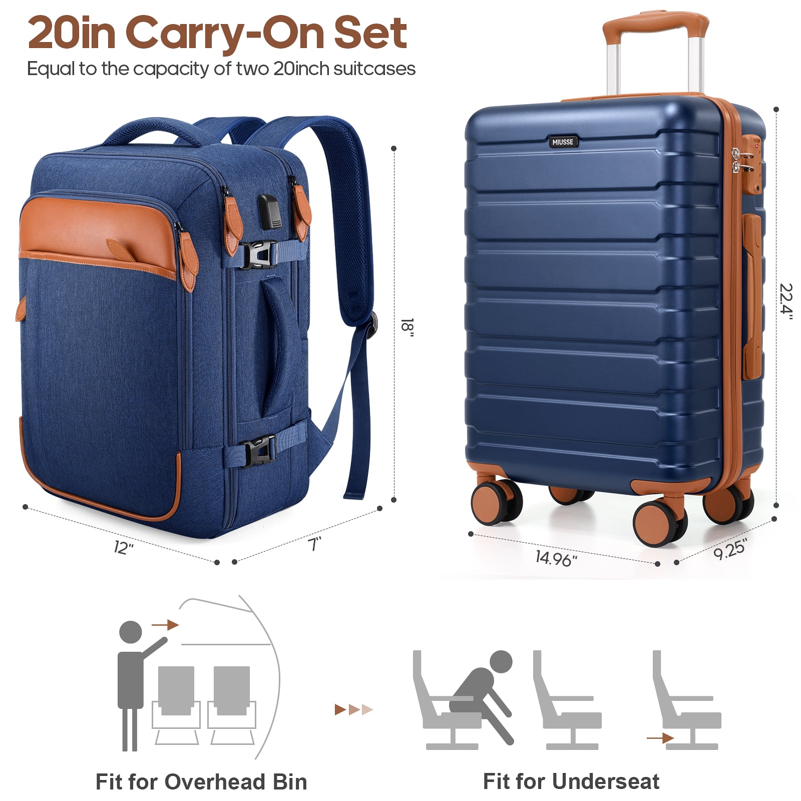 MIUSSE Carry on Luggage Set 3 Piece Hard Shell Luggage Sets with YKK Zipper Spinner Wheels TSA Lock Carry on with Backpack Set