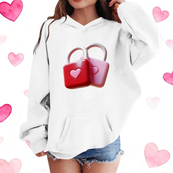 Girls Cute Heart Lock Print Hoodie White Valentine's Day Kids Pullover Soft Sweatshirt 3-14 Years,Size 7-8 T