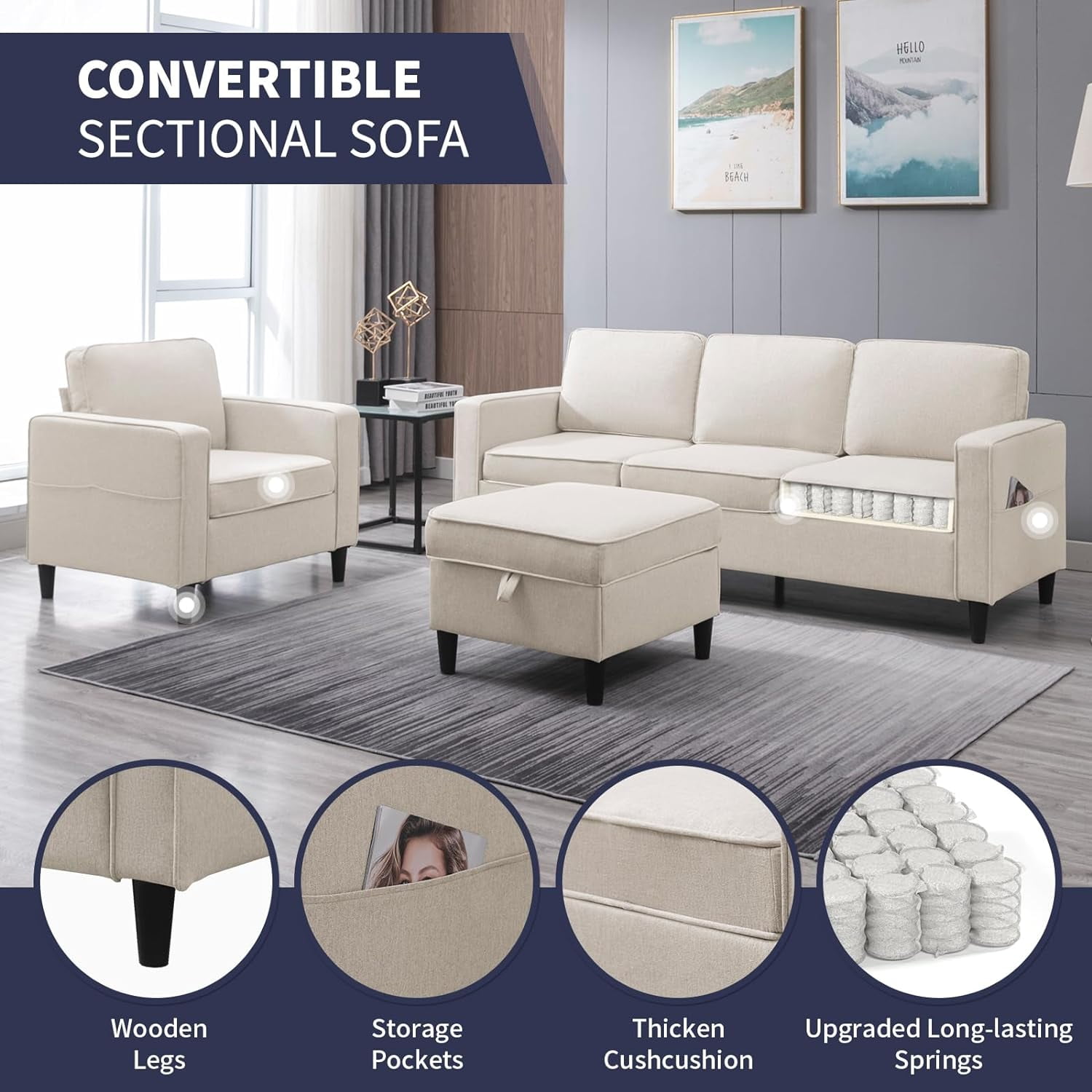 ijuicy Sectional Sofa Set,2PCS Living Room Furniture Couch Sets with Movable Storage Ottoman & Side Pockets,Include Sofa,Chair,Beige