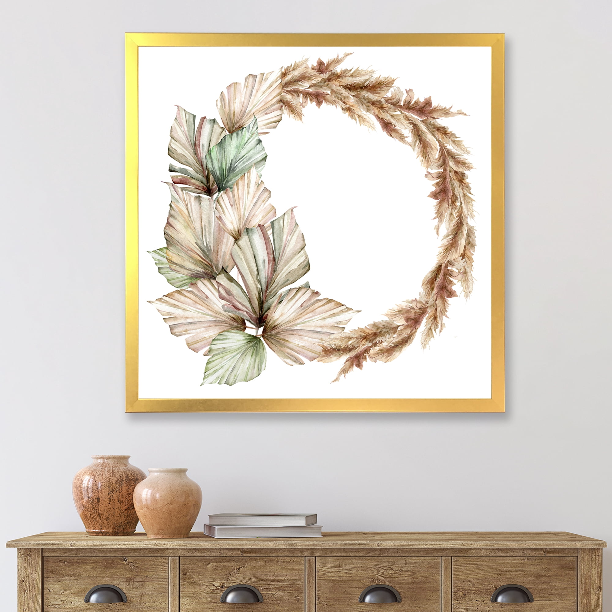 Designart 'Dry Palm Leaves and Pampas Grass With Wreath' Traditional Framed Art Print