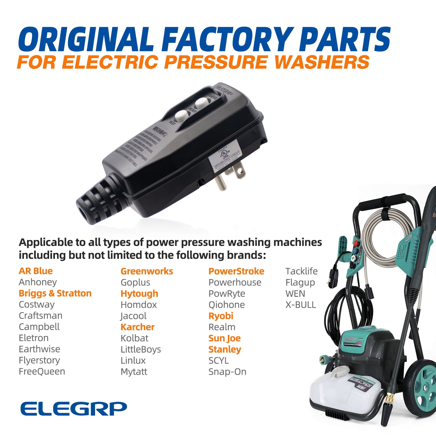 ELEGRP G1215PA G20PASR Patented Auto-Monitoring GFCI Replacement Plug Assembly, Auto Reset 15 Amp Grounded 3 Wires 3-Prongs for Power Pressure Washer, Pool Pump etc, UL Listed, 1 Pack, Black