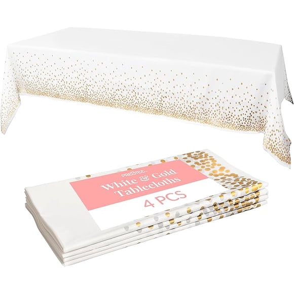 White Plastic Tablecloth (4-Pack, 54 x 108) - Gold Dot Disposable Tablecloth - Plastic Table Cover - Gold Party Decorations