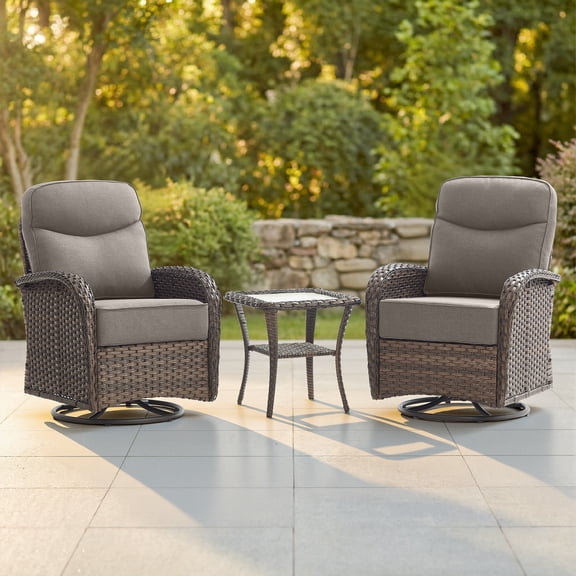 Giantfurnni Luxury 3 Pieces Patio Furniture Set Wicker Outdoor High Back Swivel Rocker Glider Chairs Set of 2 with Side Table and 6 Inch Cushions