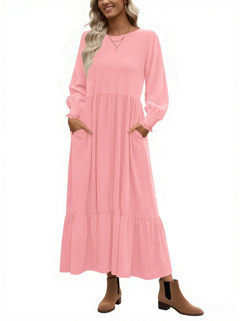 Uvn Fall Long Dress for Women Crewneck Casual Long Sleeve Pleated Dresses with Pockets