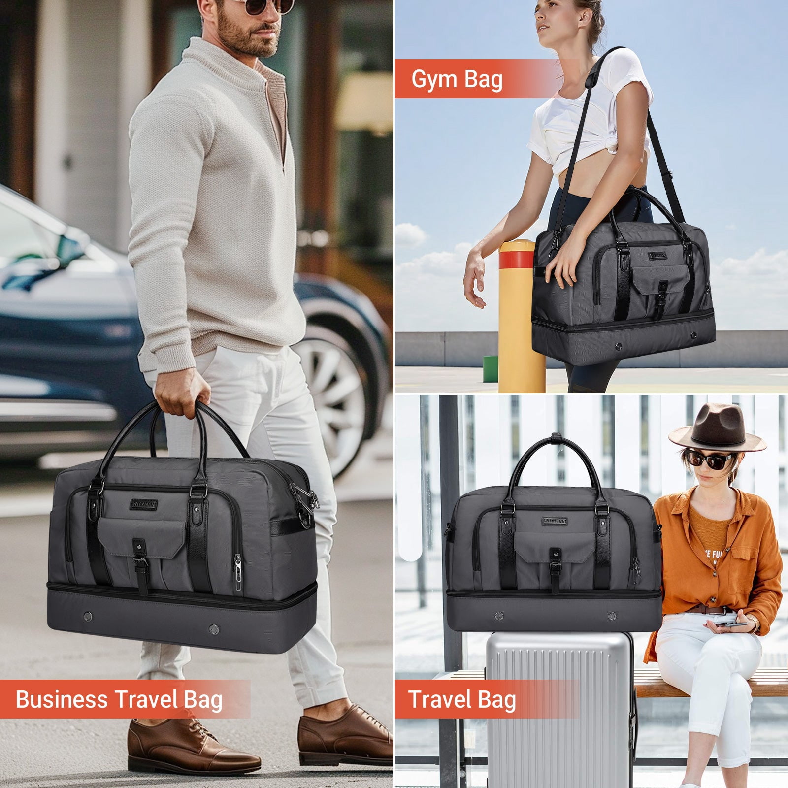 WITZMAN Weekender Bags for Men Women Carry on Duffle Overnight Bag with Toiletry Bag Sets Travel Duffel Bag Shoes Compartment（B694 Silvery Grey）