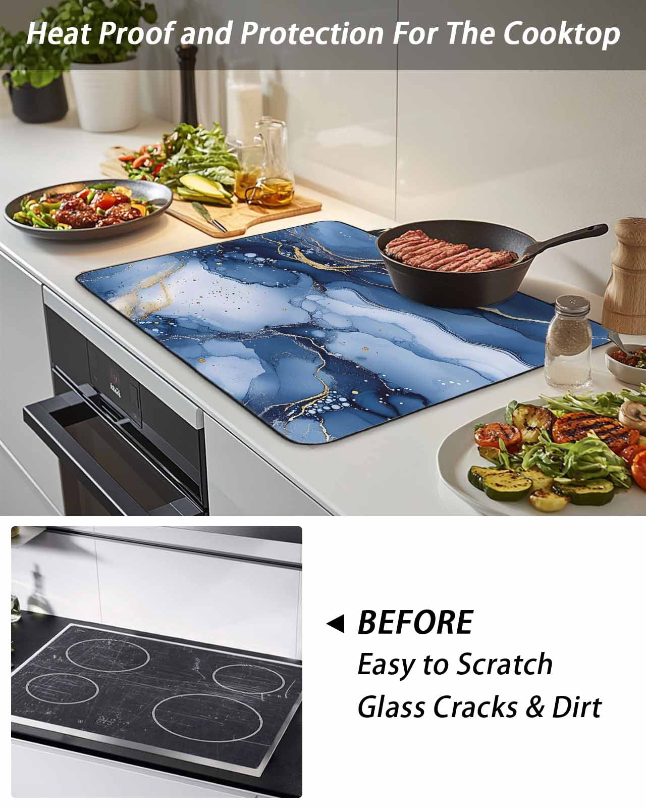 Stove Top Covers for Electric Stove, Marble Blue Glass Stovetop Cover Protector, Modern Gradient Gold Waves Nature Cracked Induction Cooktop Protector Oven Mat for Kitchen Countertop 24"x21"
