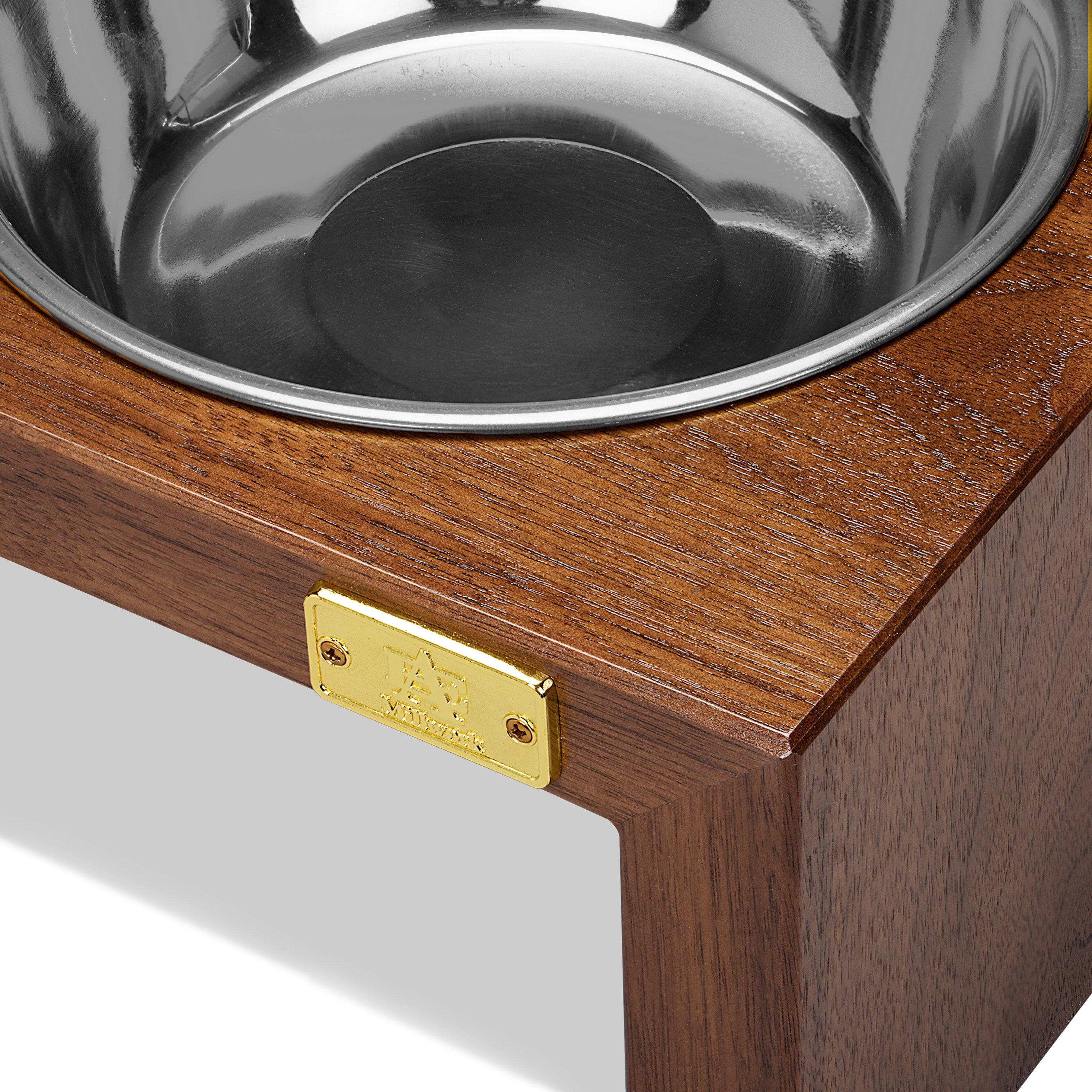 Pet Double SIlver Bowl Feeder Luxury Walnut Wood Station Large