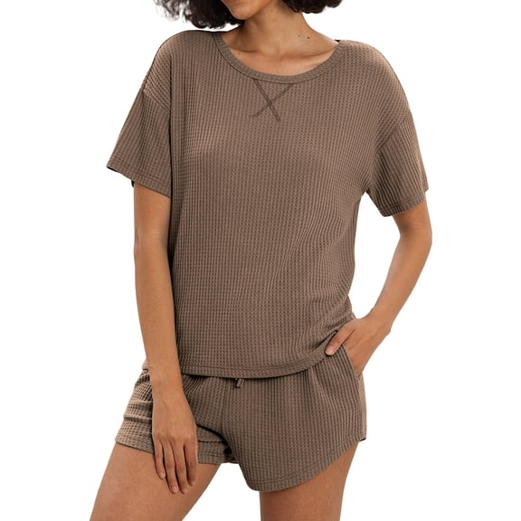 MINTREUS Womens Waffle Knit Pajama Sets Short Sleeve Tops and Shorts Two Piece Lounge Sets Soft Sleepwear with Pocket