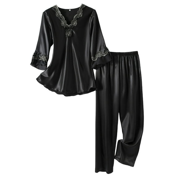 Silk Satin Pajamas for Women Two Piece Valentines Day Pjs Long Sleeve Button-Down Loungewear Black Pajamas for Women Set